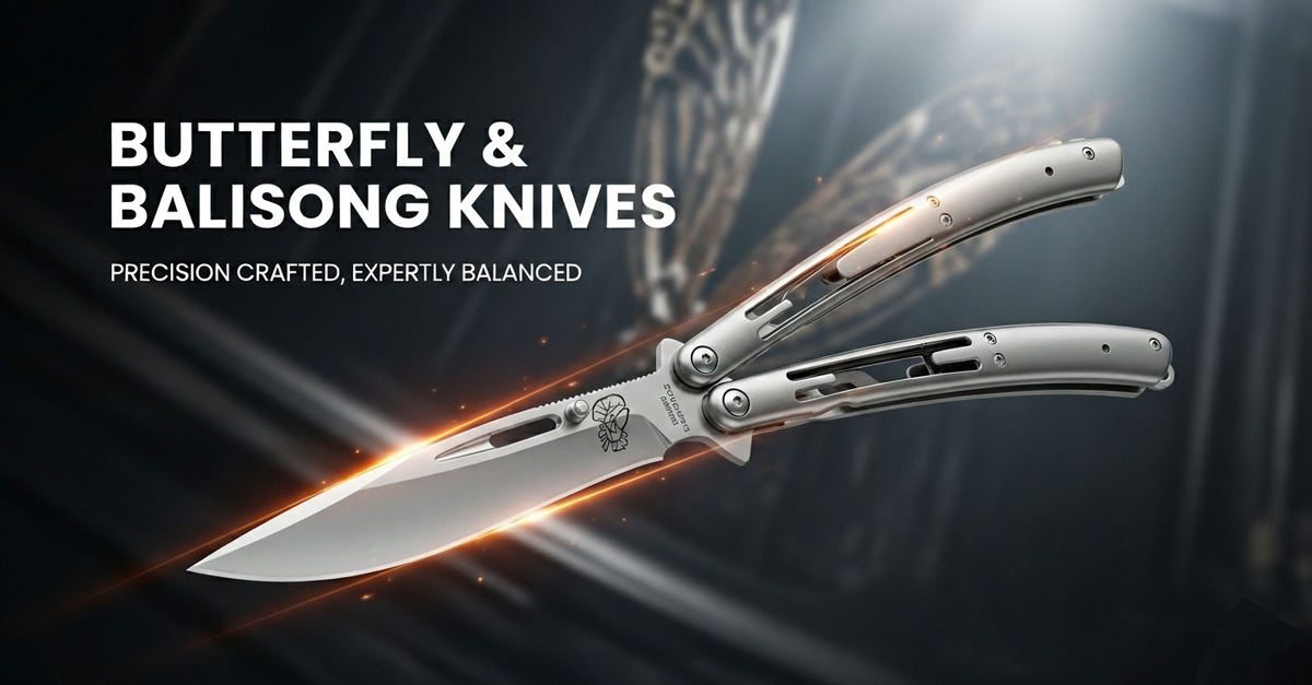 Butterfly and balisong knives with a dark background and text highlighting their craftsmanship.