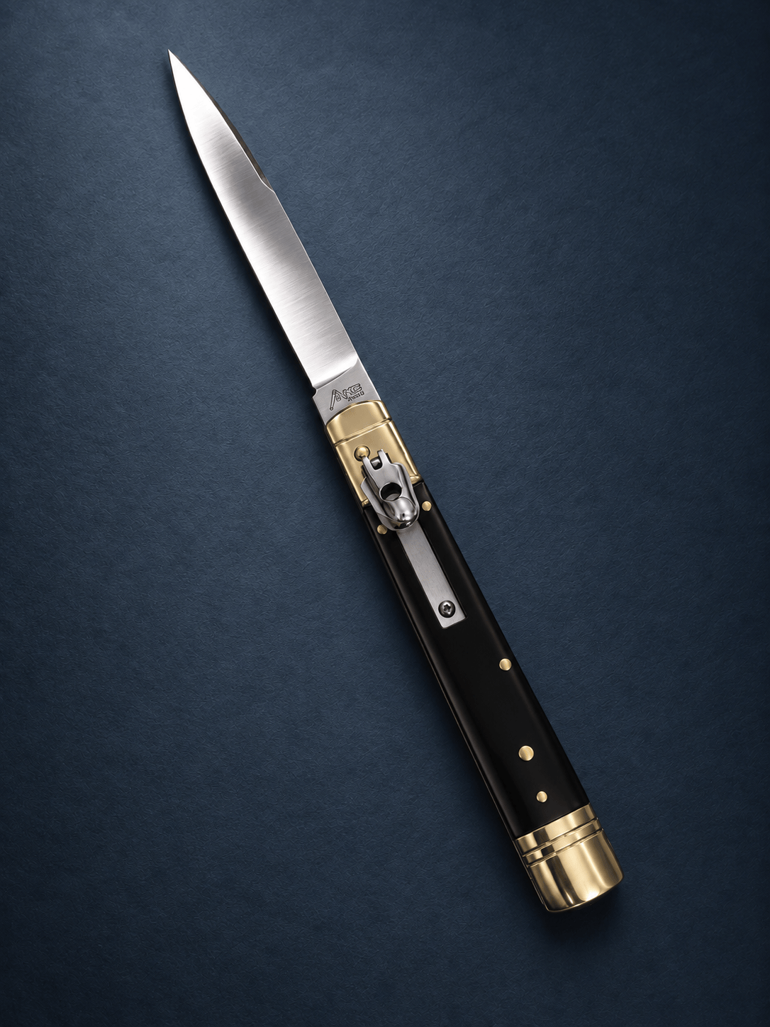AKC 9" Leverlock Automatic Knife – Dark Horn, 4" Satin Drop Point