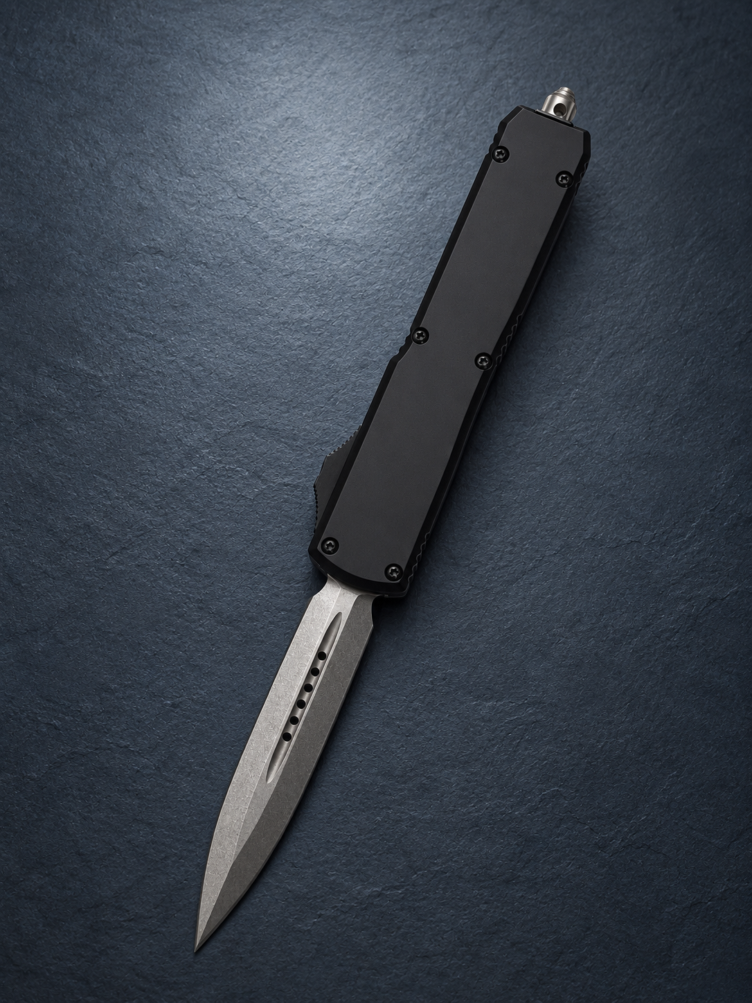 F8 Shadow Fire OTF – Black Handle, Stonewashed Double-Edge Blade 3.35"