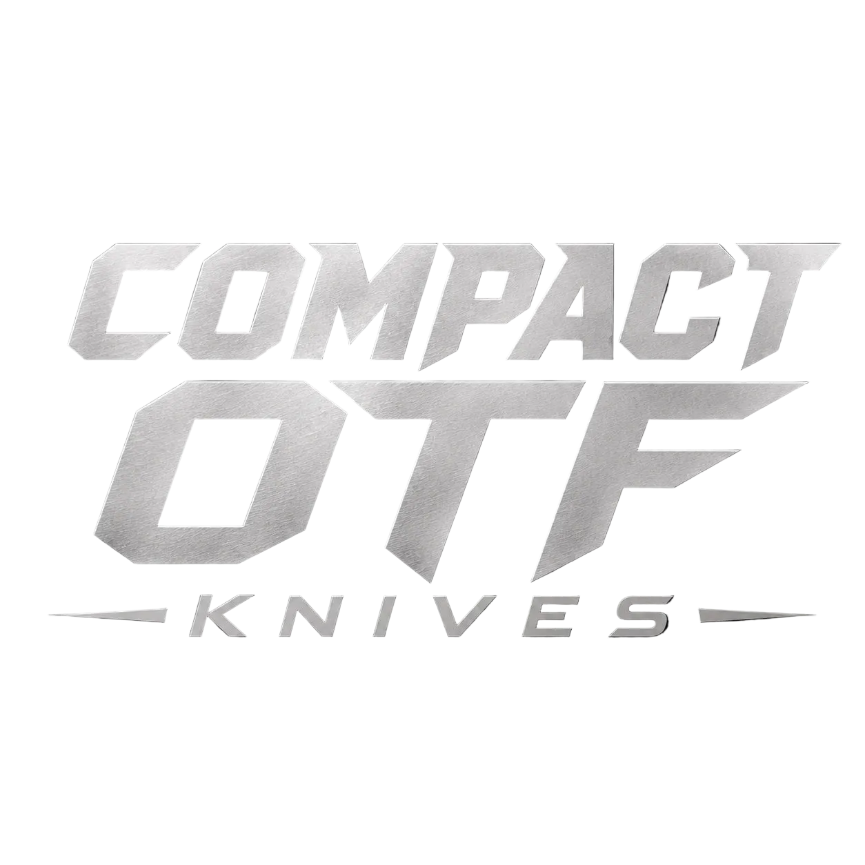 Logo for Compact OTF Knives with metallic text on a black background