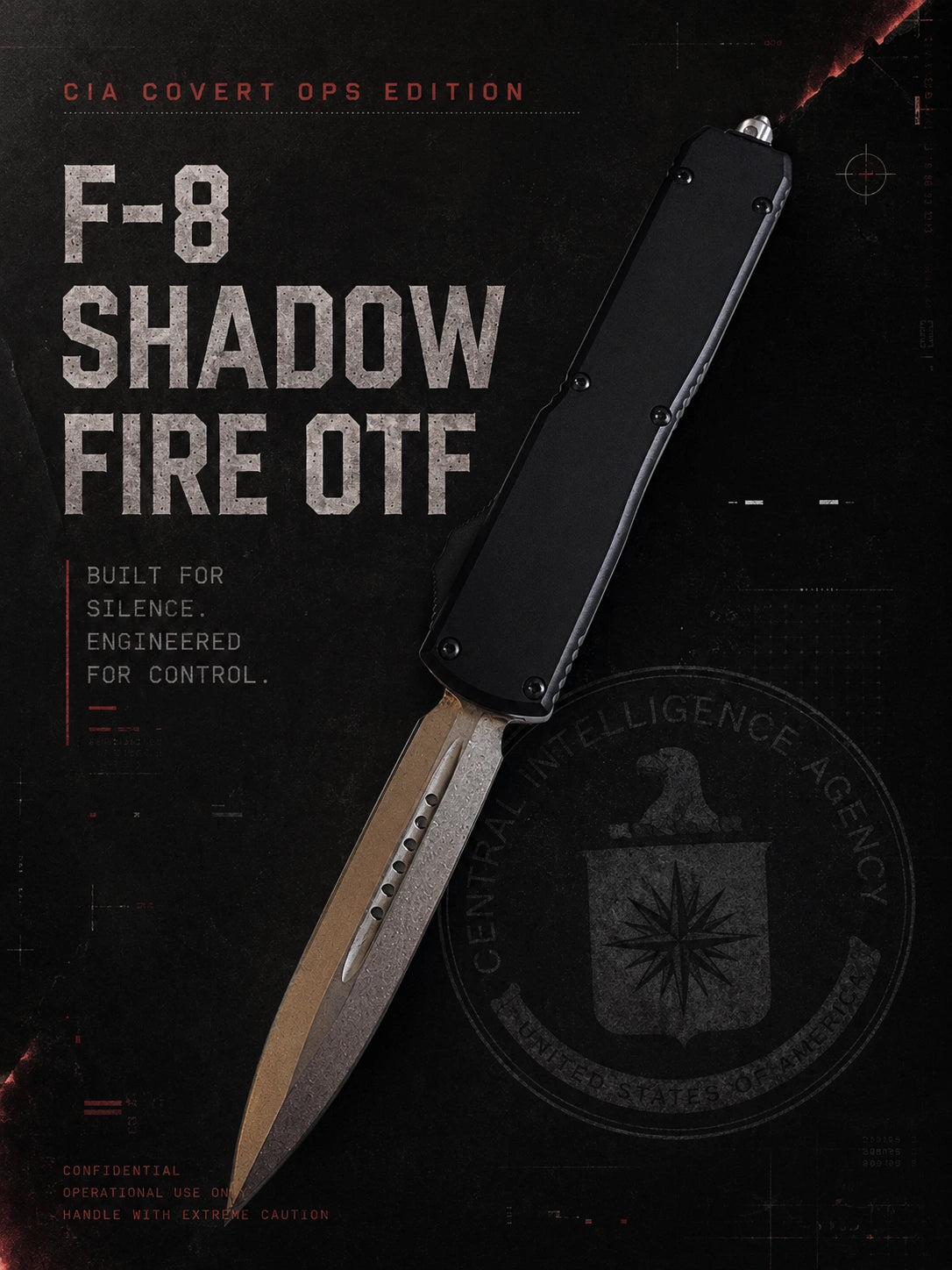 F8 Shadow Fire OTF Automatic Knife – Black | Stonewash Double Edge