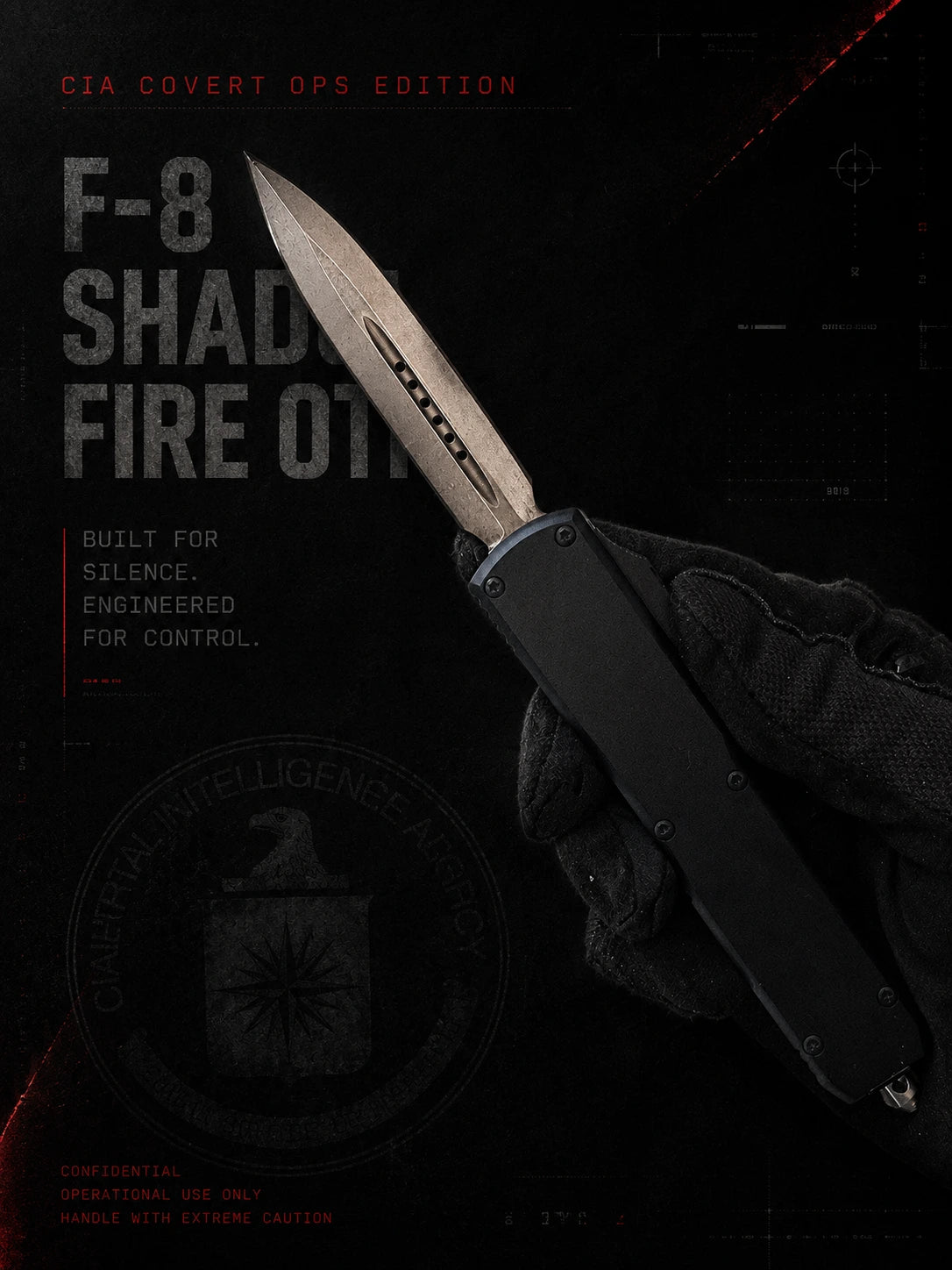 F8 Shadow Fire OTF Automatic Knife – Black | Stonewash Double Edge