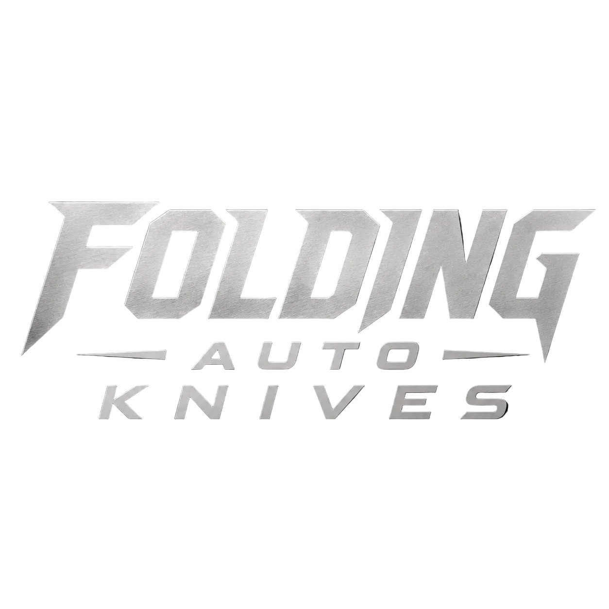 Text 'Folding Auto Knives' in metallic gray on a black background