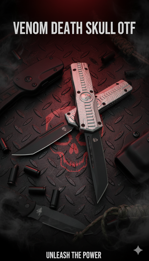 Knife with 'Venom Death Skull OTF' branding on a dark background