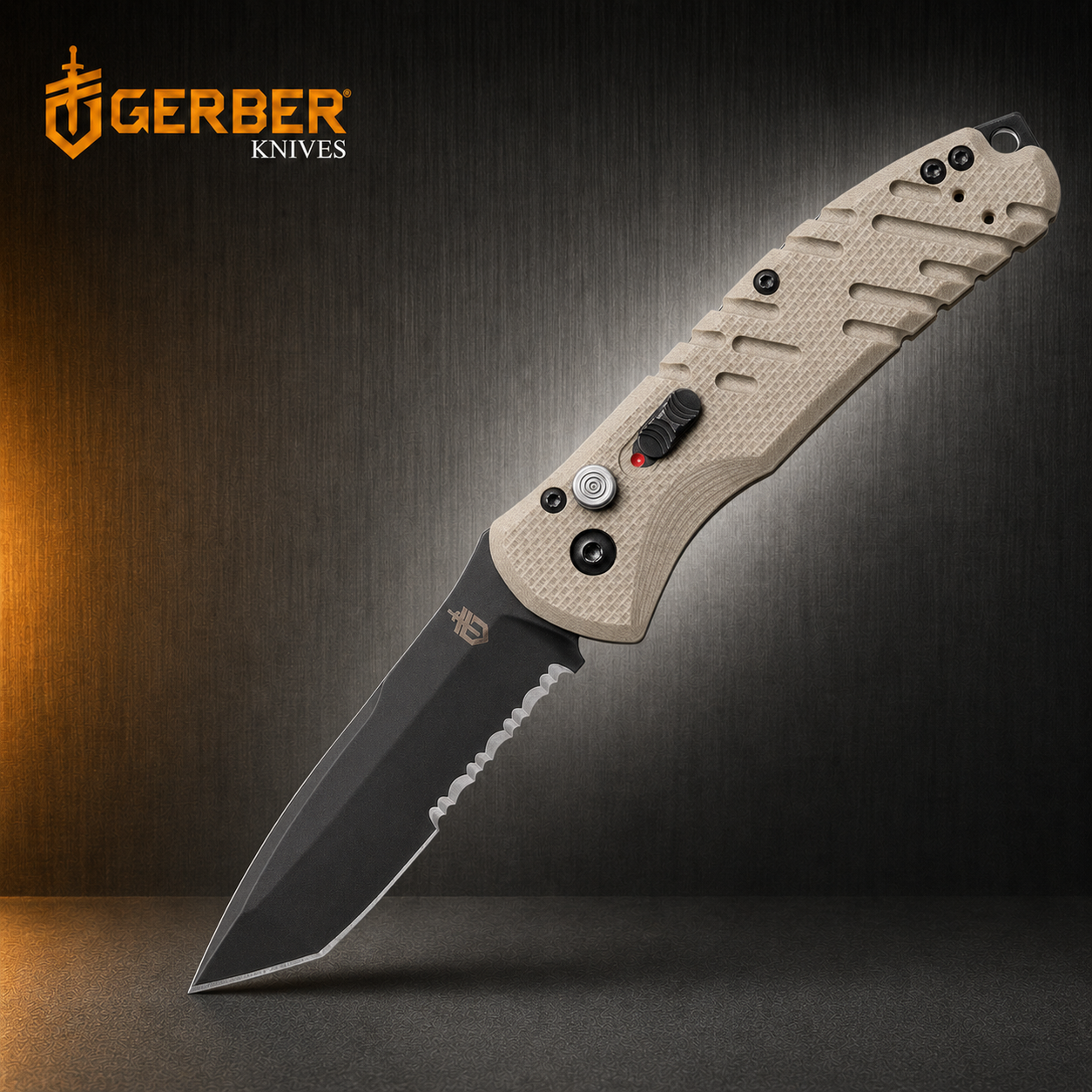 Gerber Propel Downrange Automatic Knife – Desert Tan G-10, 3.5" Black S30V Serrated Tanto