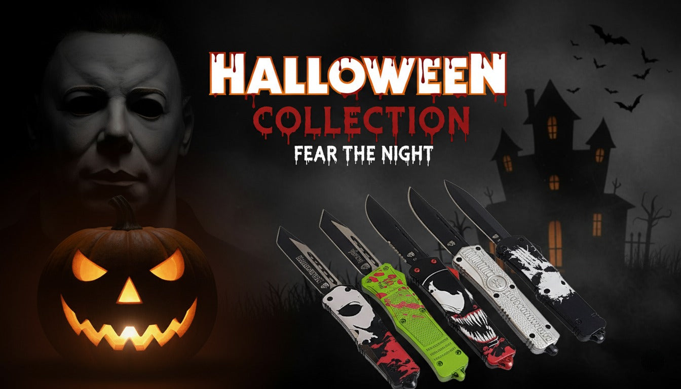 Halloween-themed product display with knives, pumpkin, and dark background.
