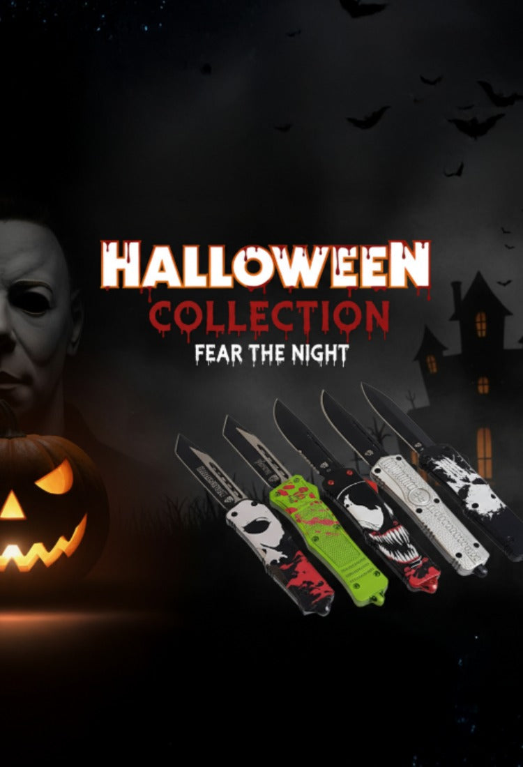 Halloween-themed product display with knives, a pumpkin, and a masked figure on a dark background.