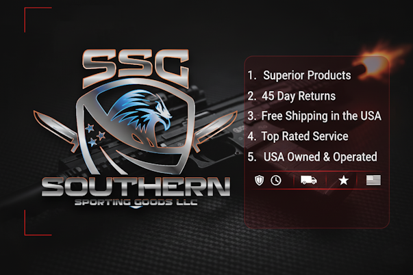 Southern Sporting Goods LLC logo with promotional text on a dark background

