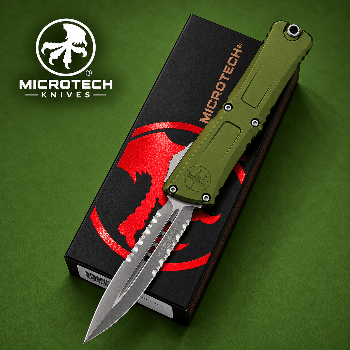 Microtech Combat Troodon Gen III DE OTF Automatic Knife – OD Green Aluminum  Apocalyptic Partially Serrated Dagger M390MK  1142-11 APOD