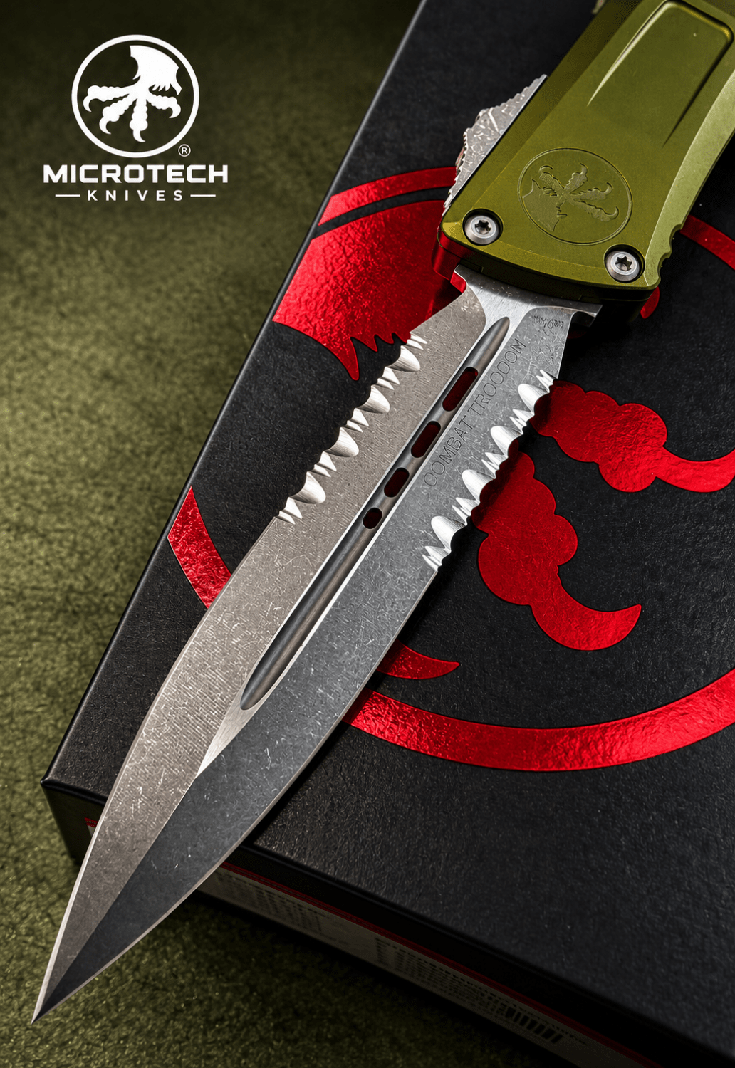 Microtech Combat Troodon Gen III DE OTF Automatic Knife – OD Green Aluminum  Apocalyptic Partially Serrated Dagger M390MK  1142-11 APOD