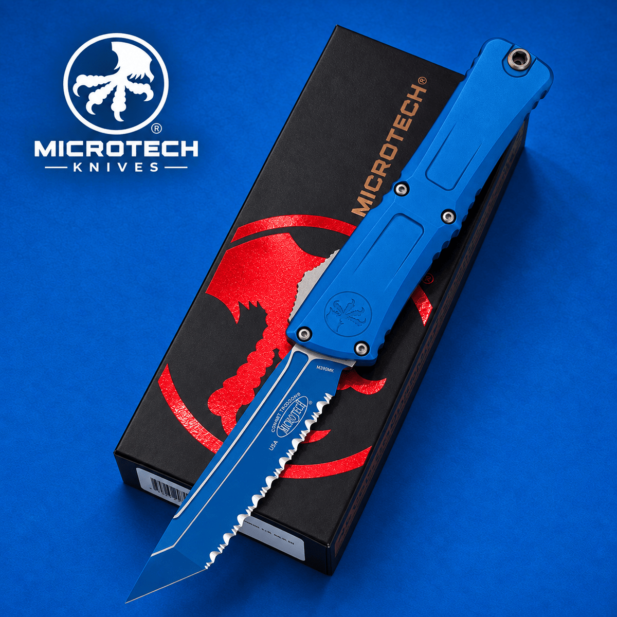Microtech Combat Troodon Gen III TE OTF Automatic Knife – Blue Cerakote  Blue Fully Serrated Tanto M390MK  1144-3BL-C1Z13