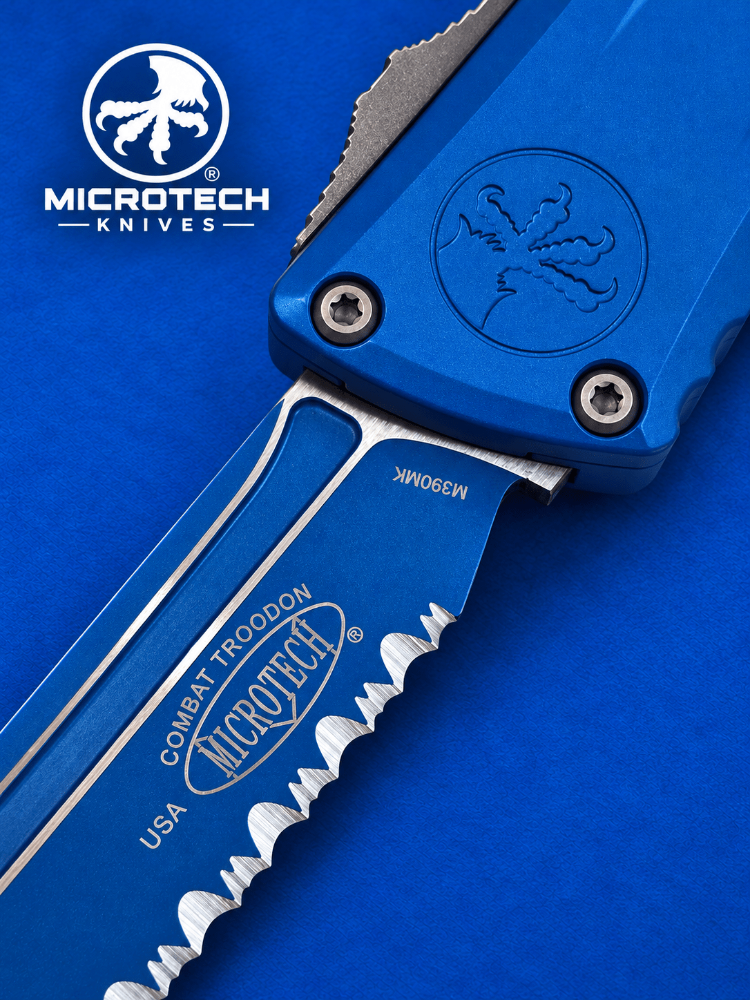 Microtech Combat Troodon Gen III TE OTF Automatic Knife – Blue Cerakote  Blue Fully Serrated Tanto M390MK  1144-3BL-C1Z13