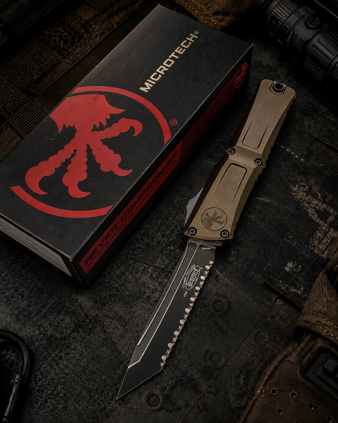 Microtech Combat Troodon Gen III T/E OTF Knife OD Green Al (4" Black Full Serr)