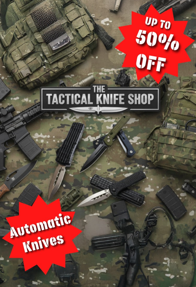 Promotional image for The Tactical Knife Shop with tactical gear and 'Up to 50% Off' offer.