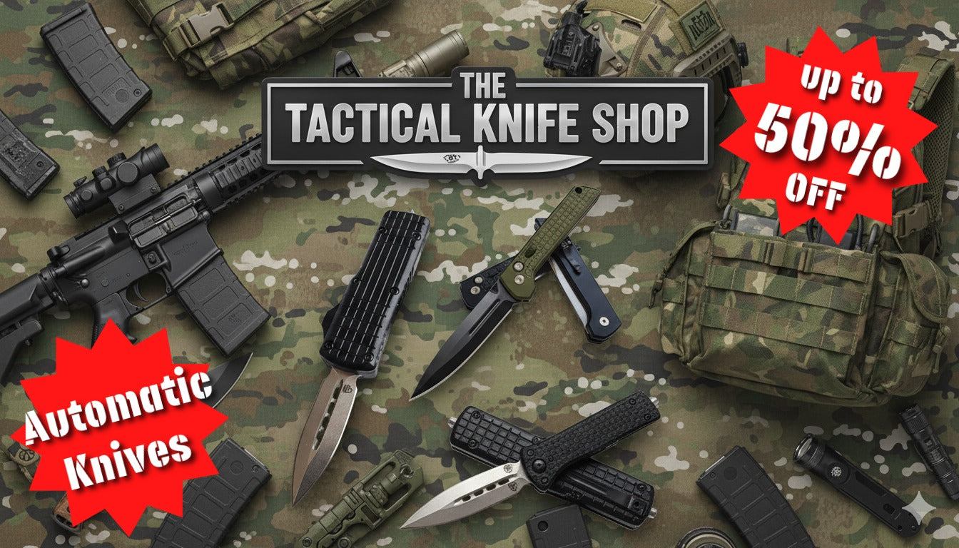 Tactical knife shop advertisement with knives and gear on a camouflage background