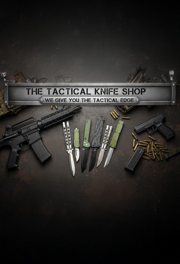 Tactical knives and firearms displayed with 'The Tactical Knife Shop' logo.