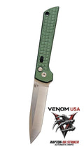 Green knife with metallic blade on a white background, featuring the Venom USA logo.