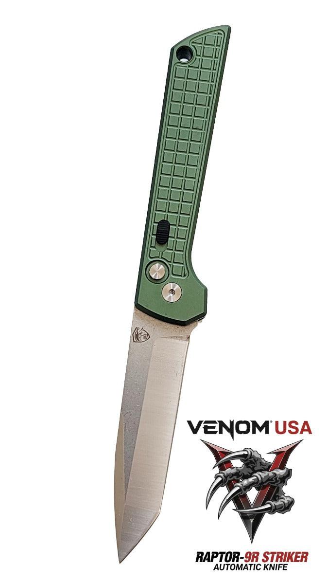 Green knife with metallic blade on a white background, featuring the Venom USA logo.