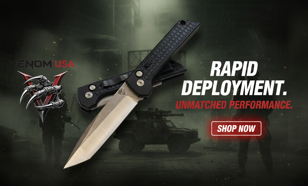 Knife with 'VENOM USA' branding on a dark background with military theme