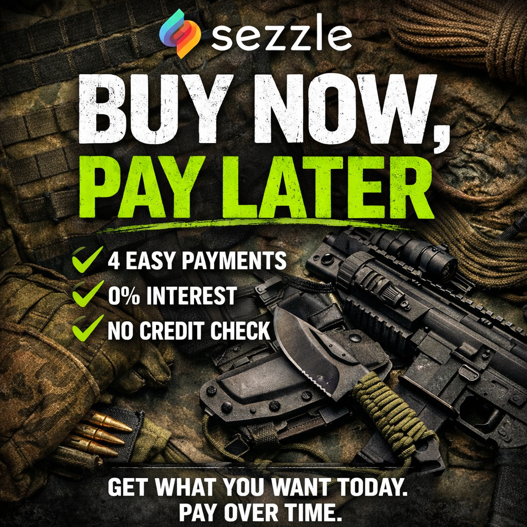 Promotional graphic for 'Buy Now, Pay Later' with tactical gear and Sezzle branding at Southern Sporting Goods LLC