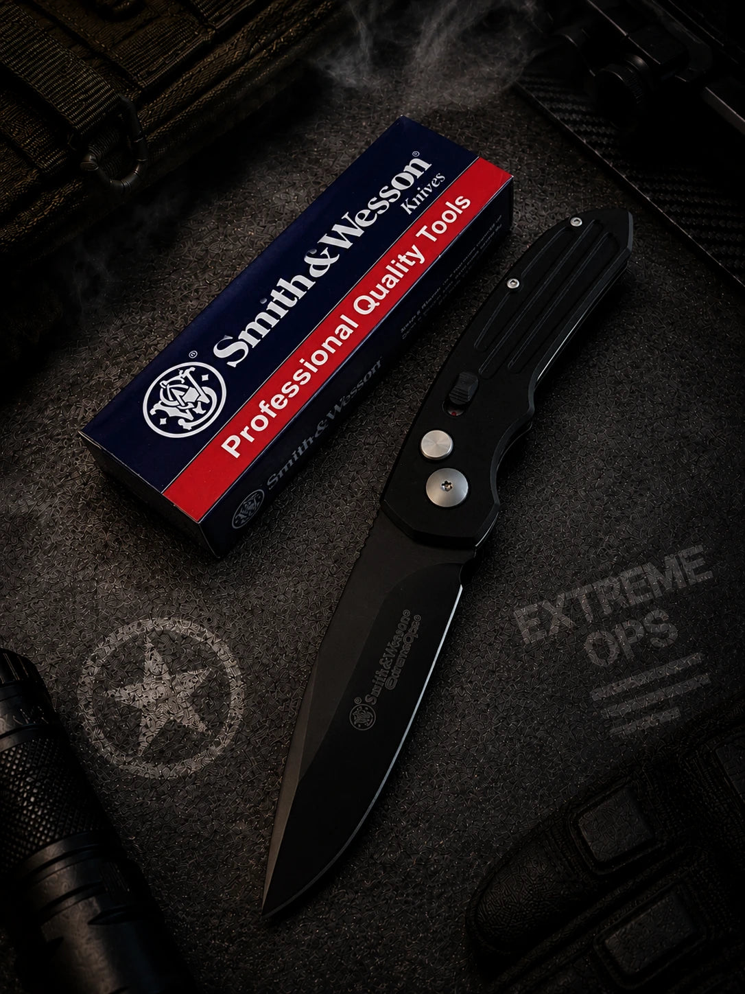 Smith & Wesson Extreme Ops Black Automatic Knife - Black Drop Point