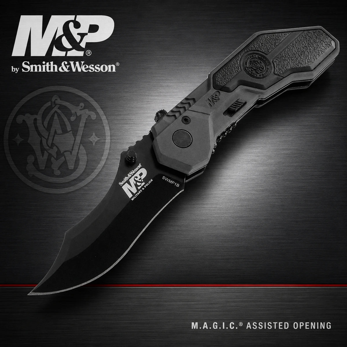 A black M&P by Smith & Wesson folding pocket knife shown open on a dark brushed metal background, with the M&P logo and text reading 'M.A.