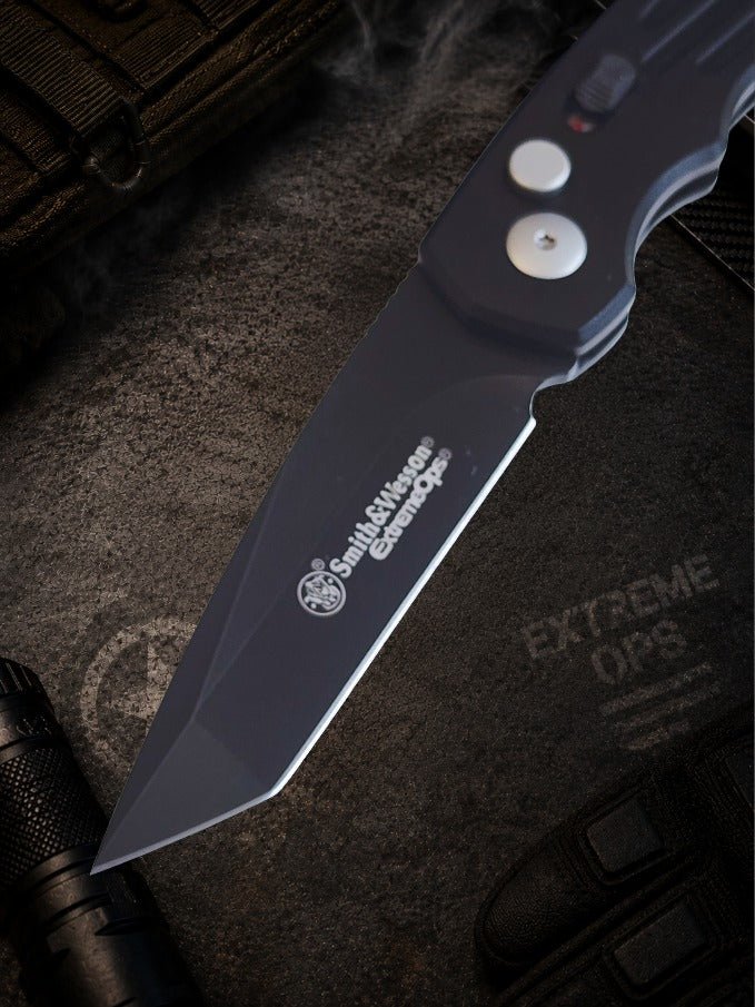 Smith & Wesson Extreme Ops Black Automatic Knife - Black Tanto Plain
