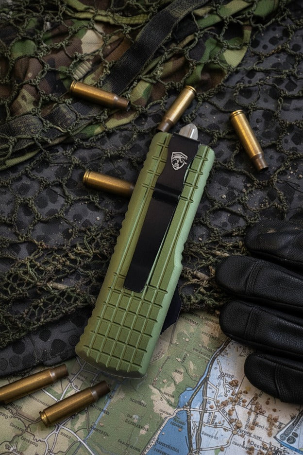 Green tactical knife with magazine pouch with bullets and a glove on camouflage fabric