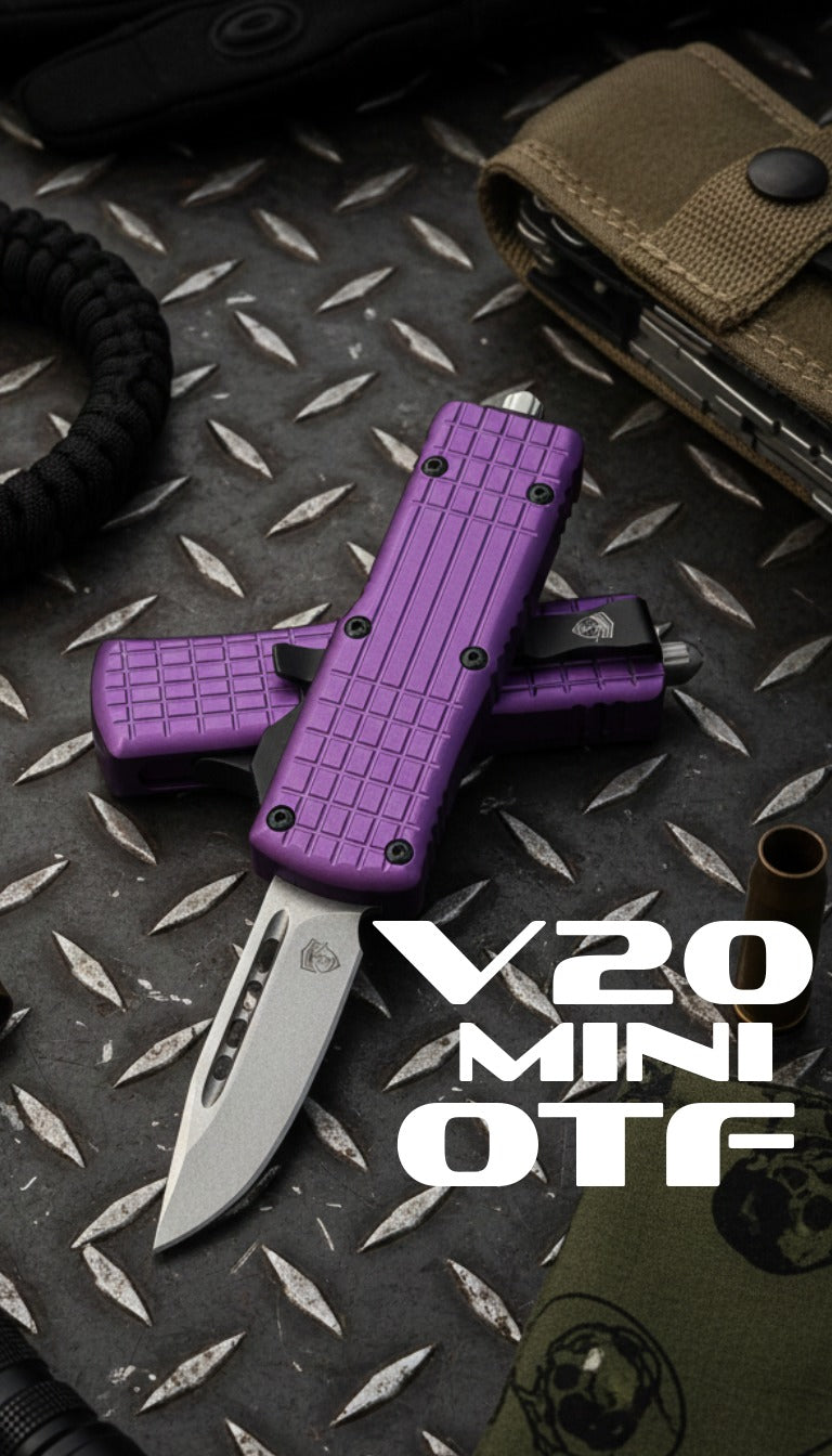 Purple knife with 'V20 Mini OTF' text on a metallic surface