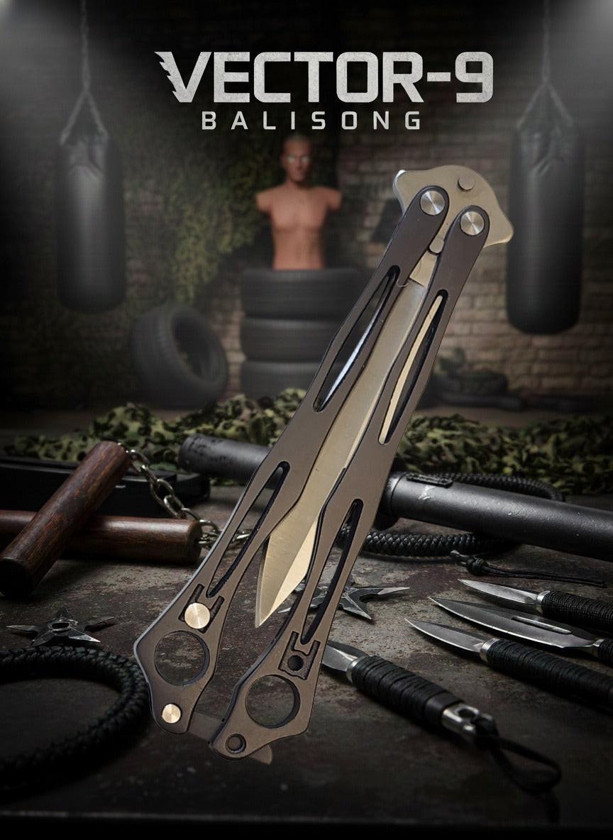 Balisong knife with 'Vector-9' branding on a dark background with weapons.