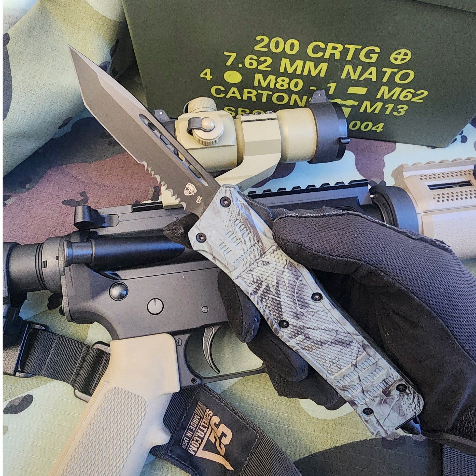 Folding knife with tactical rifle and military equipment in the background