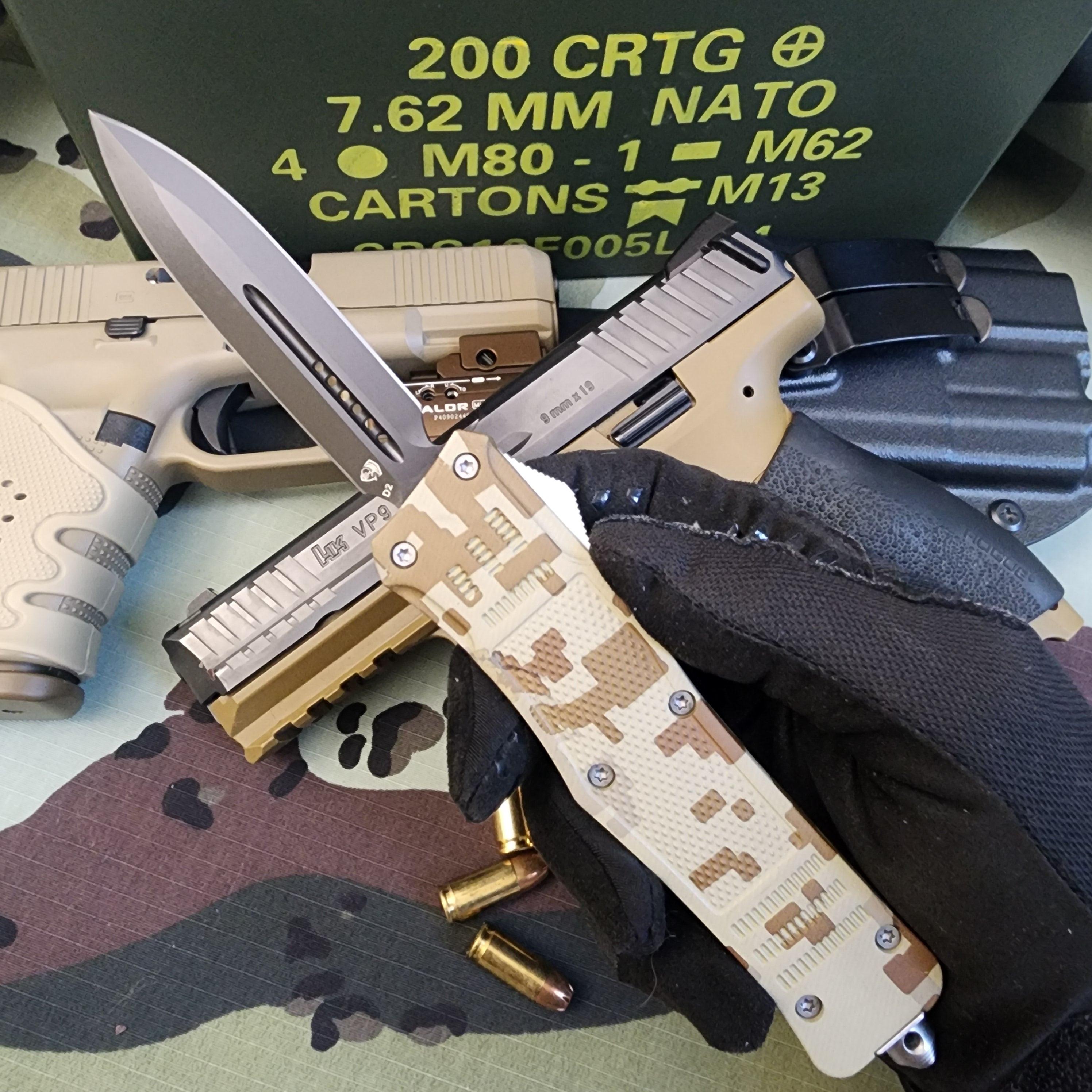 Camouflage knife with tactical gear on a camouflage background