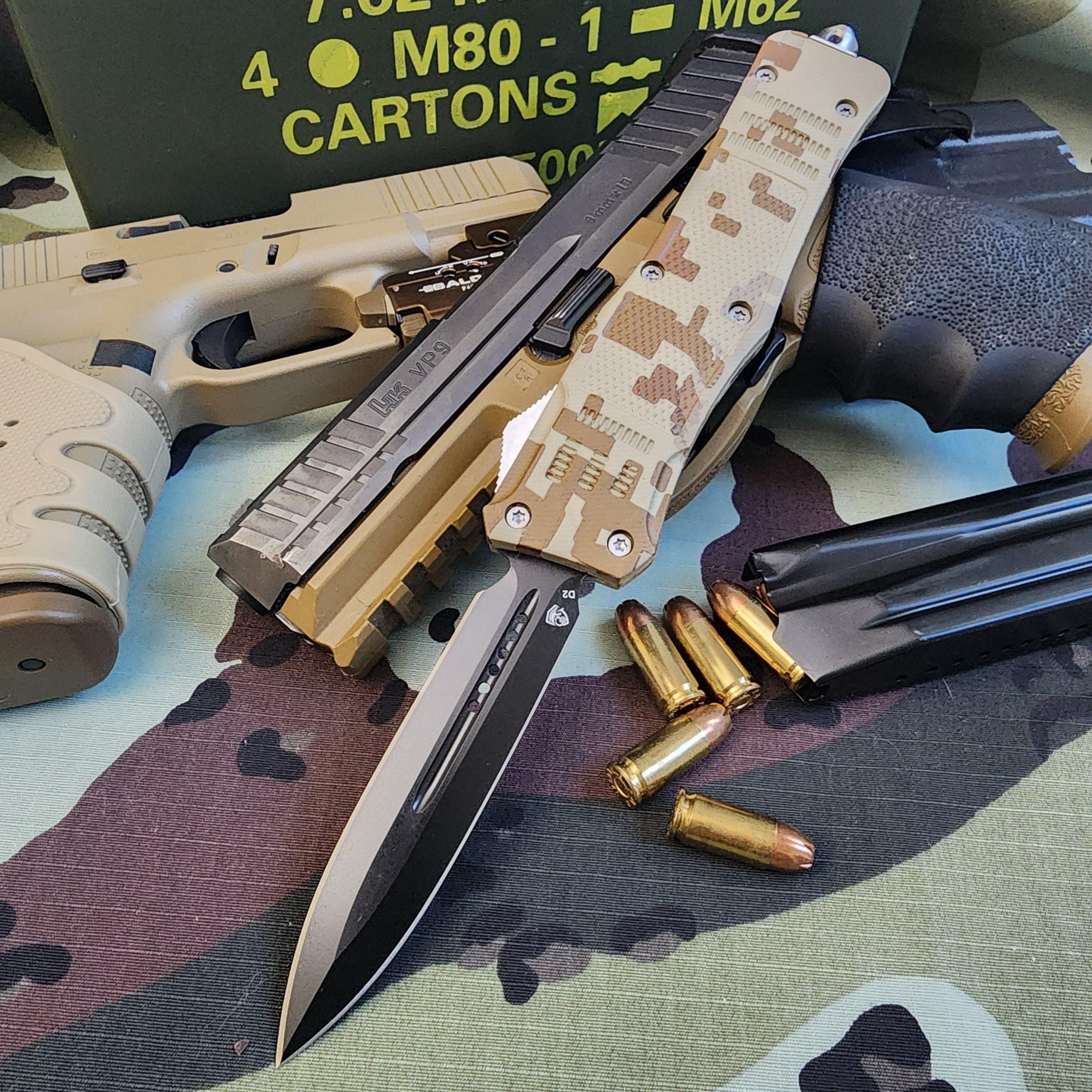 Folding knife with camouflage handle, gun, and ammunition on a camouflage surface