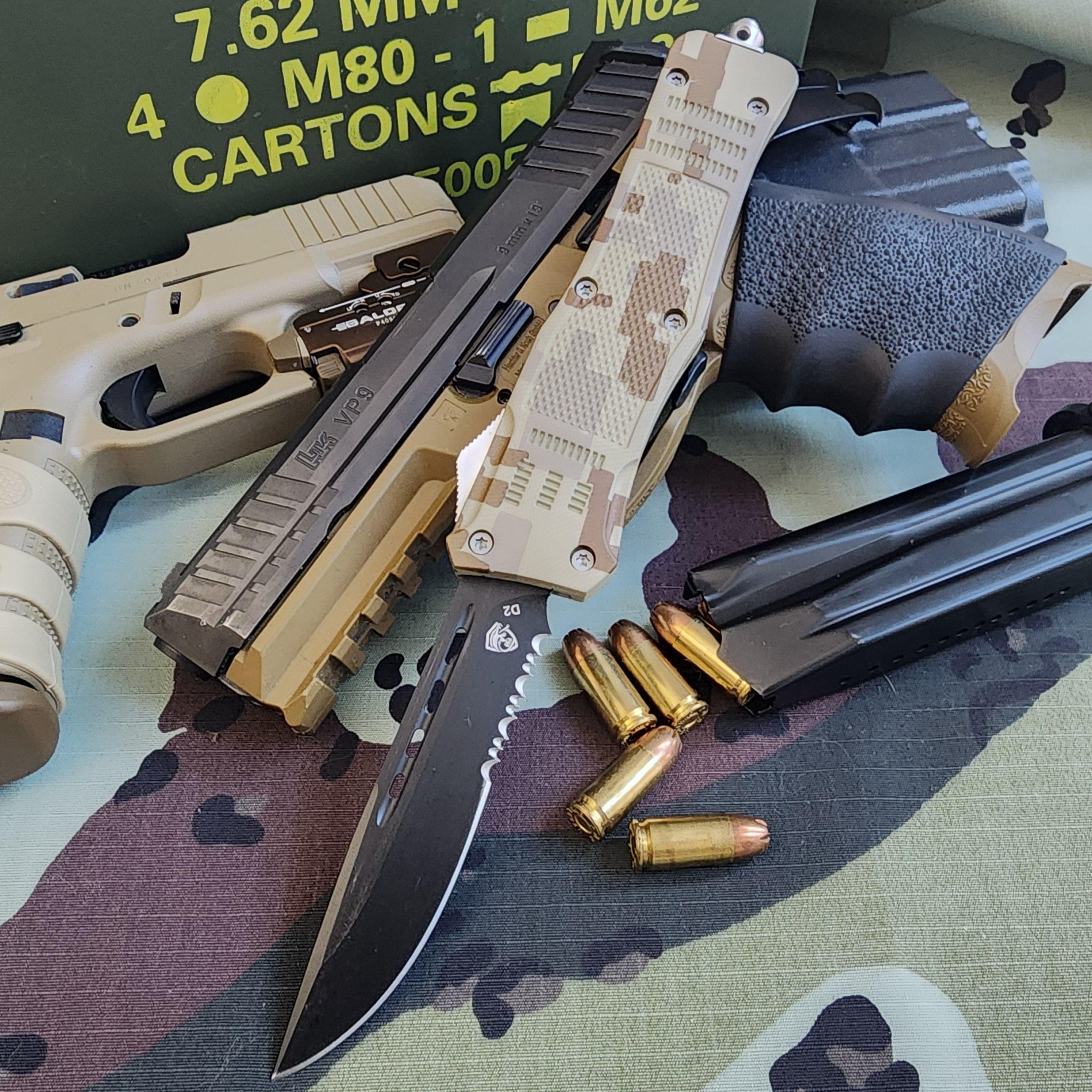 Weapon with knife and ammunition on a camouflage surface