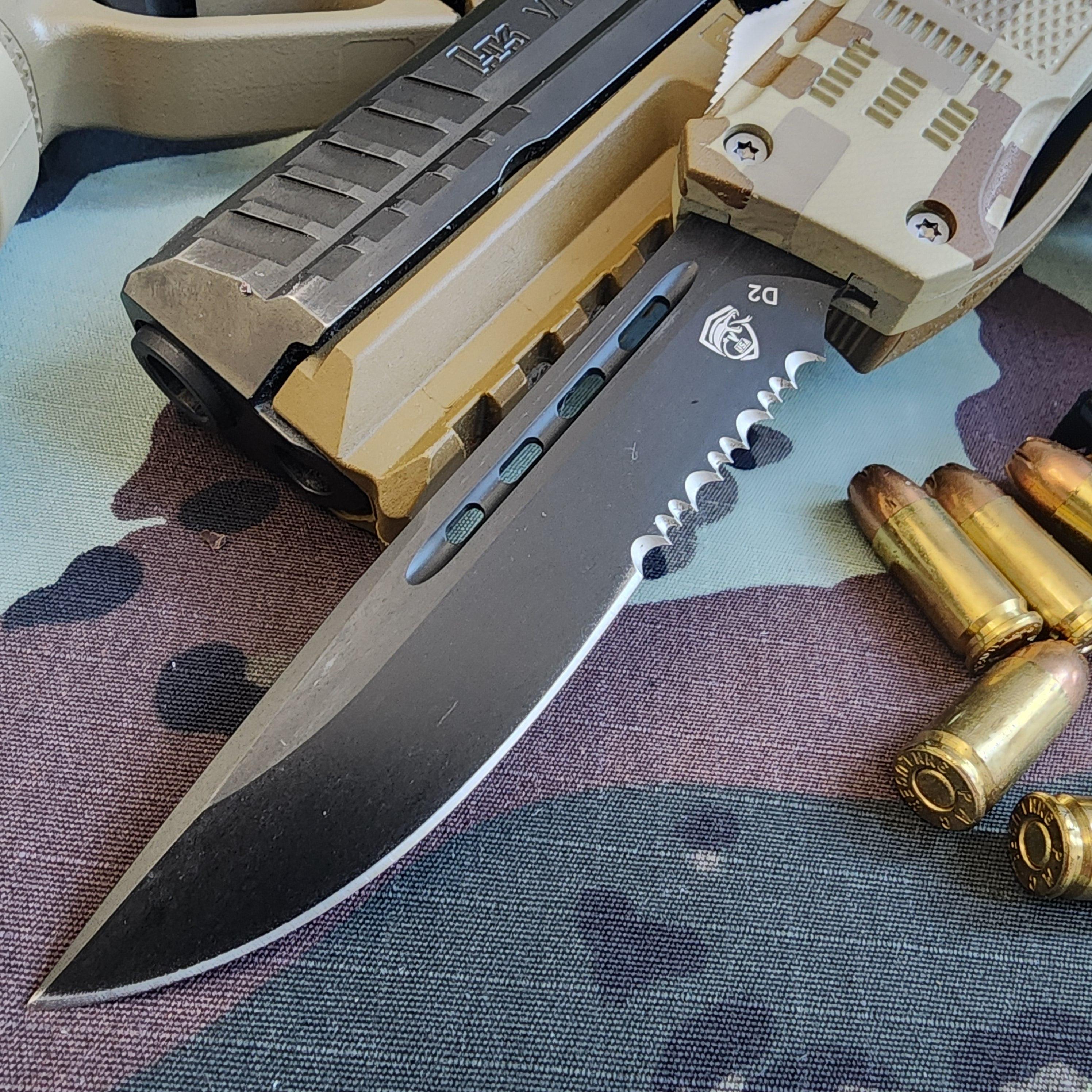 Folding knife with a camouflage handle and bullet casings on a camouflage-patterned surface