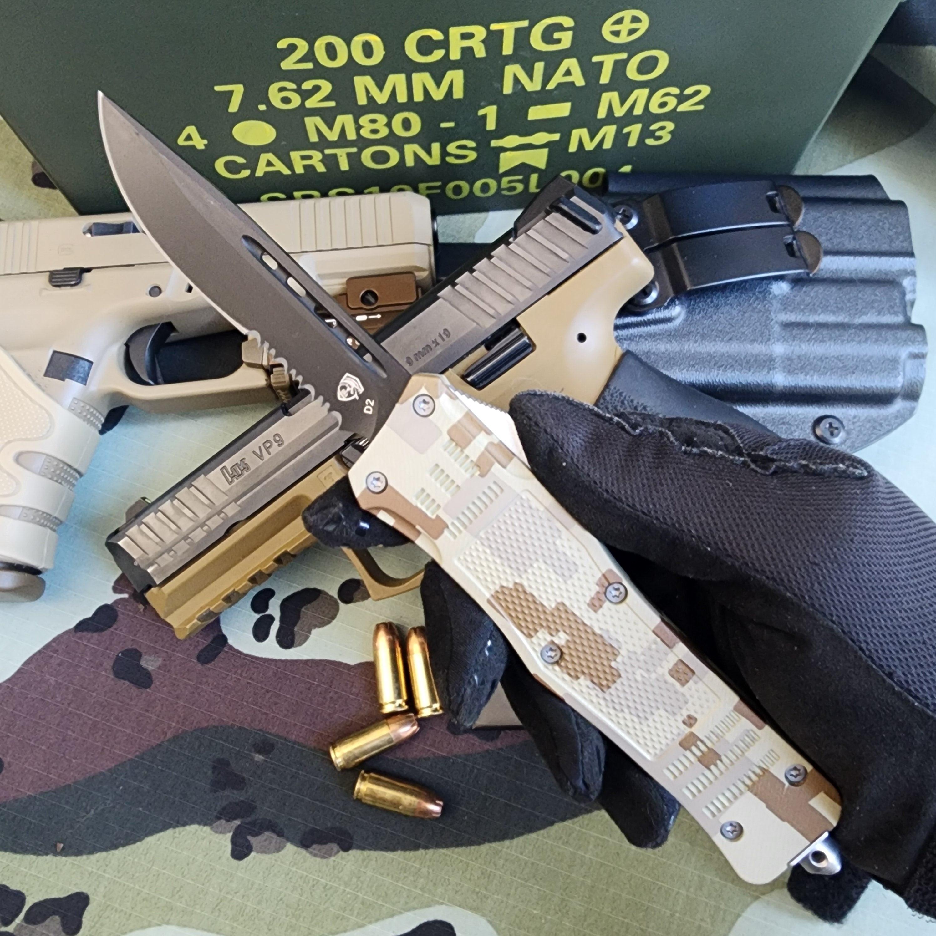 Folding knife with tactical design on a camouflage surface with ammunition and holster.