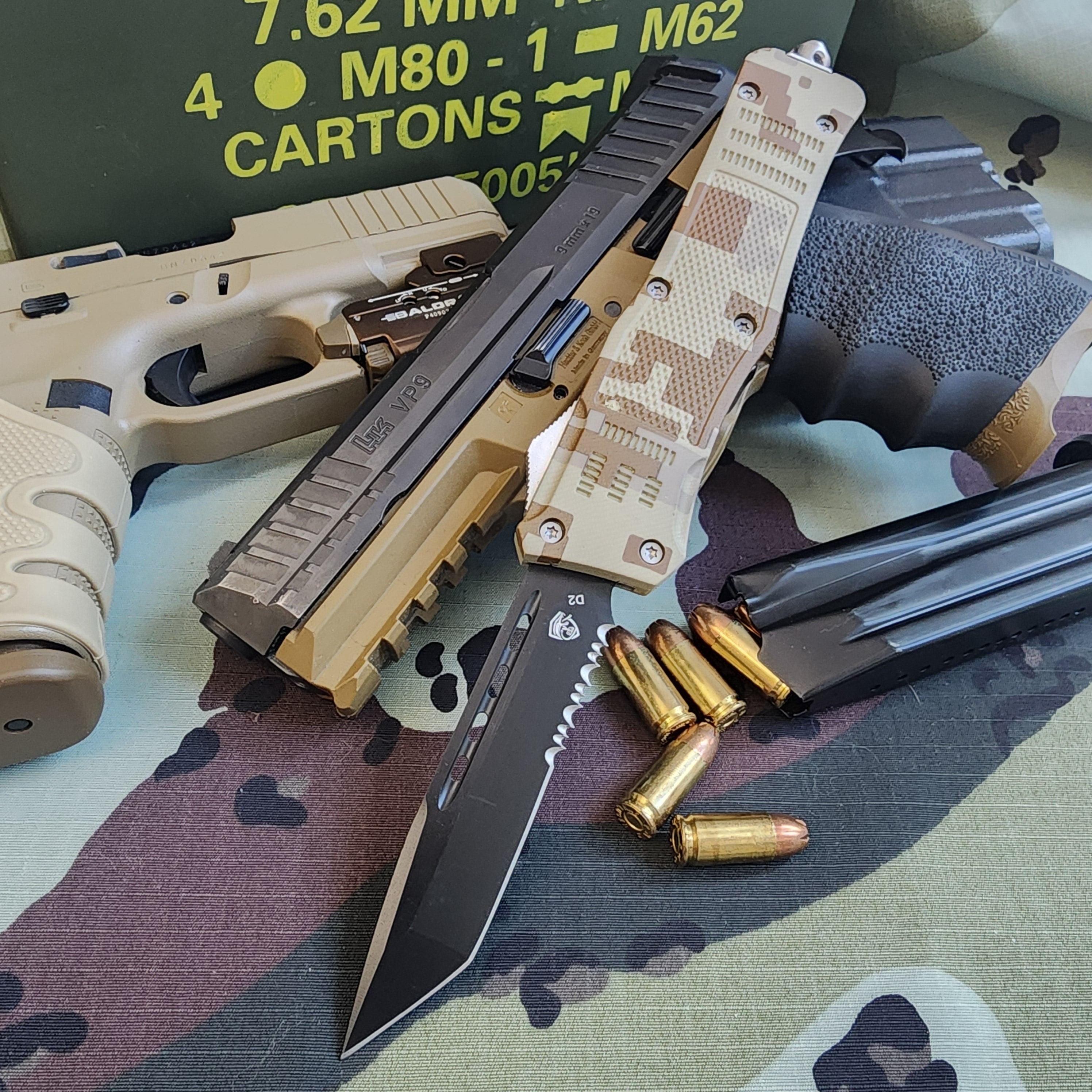 Tactical OTF knife, ammunition, and tactical equipment on a camouflage surface