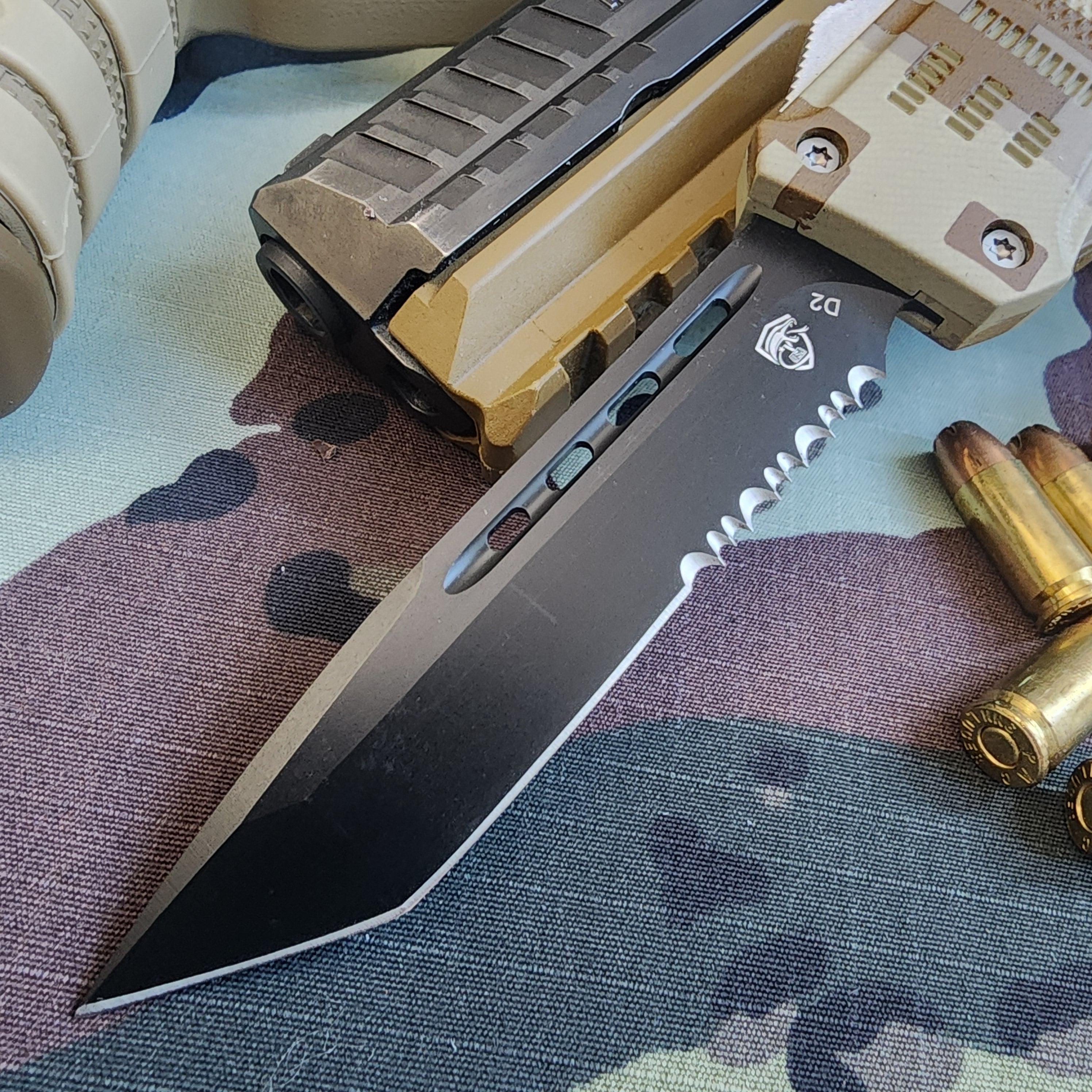 Folding knife with a tactical handle on a camouflage surface with bullets