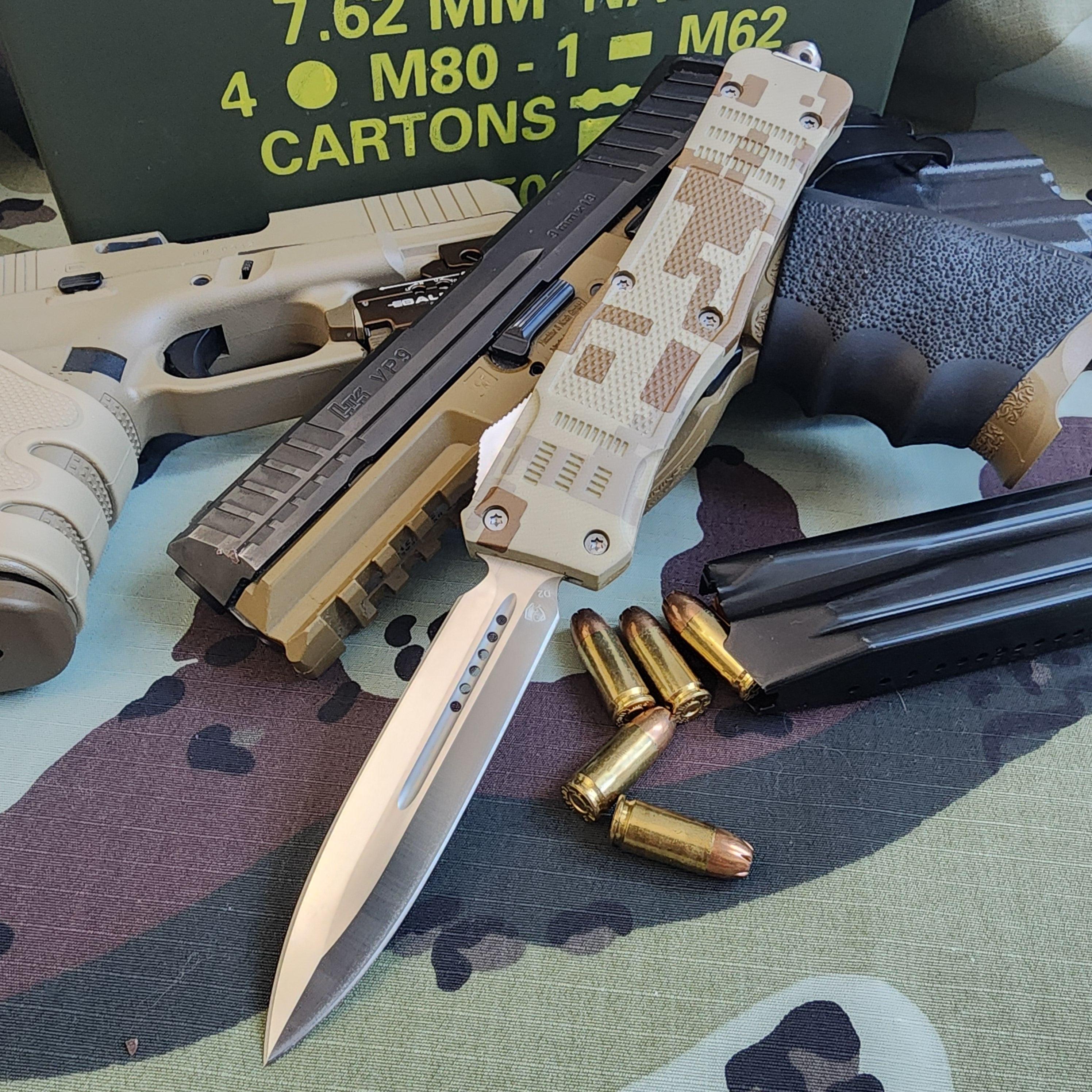 Knife, gun, and ammunition on a camouflage surface