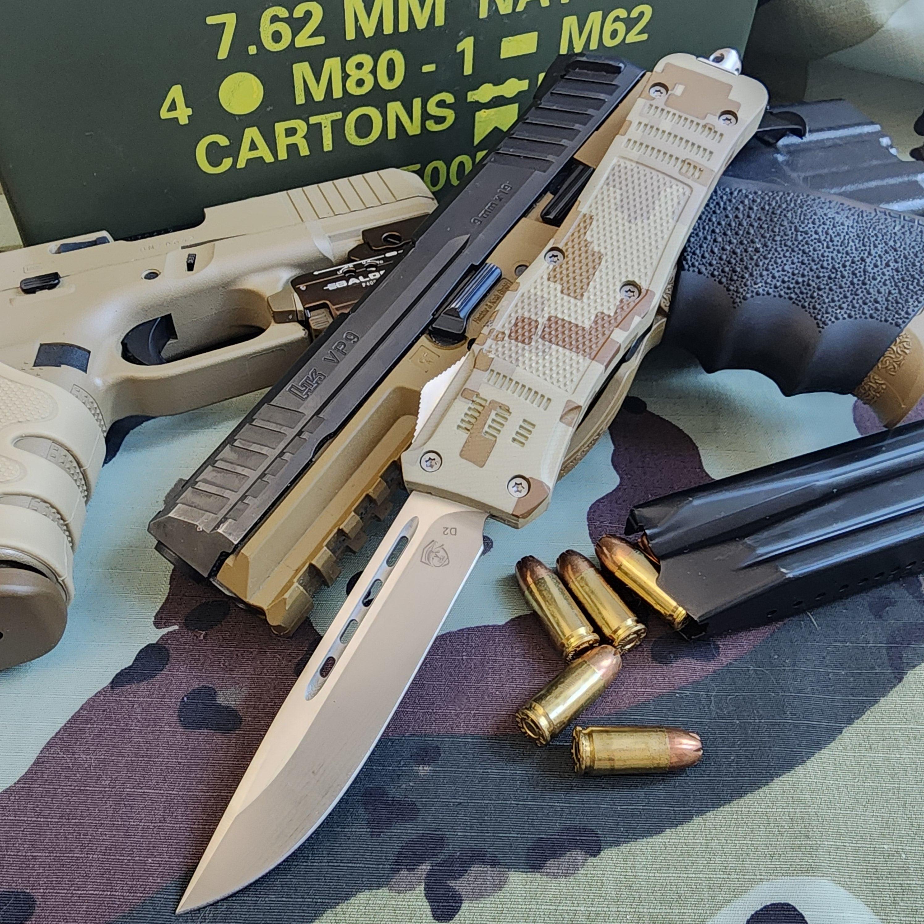 Tactical knife and gun on a camouflage surface with ammunition.