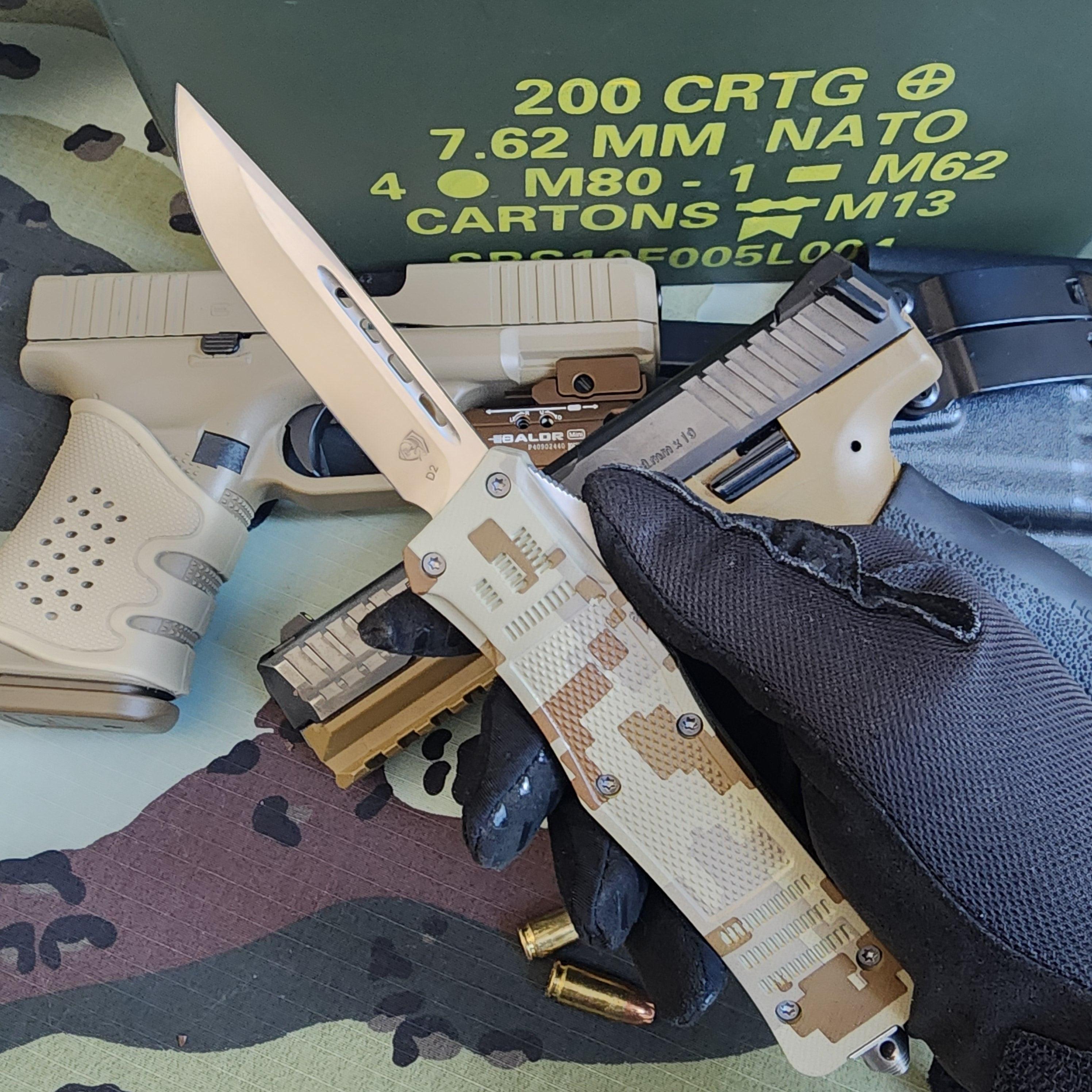 Camouflage knife with gun and ammunition on a camouflage background
