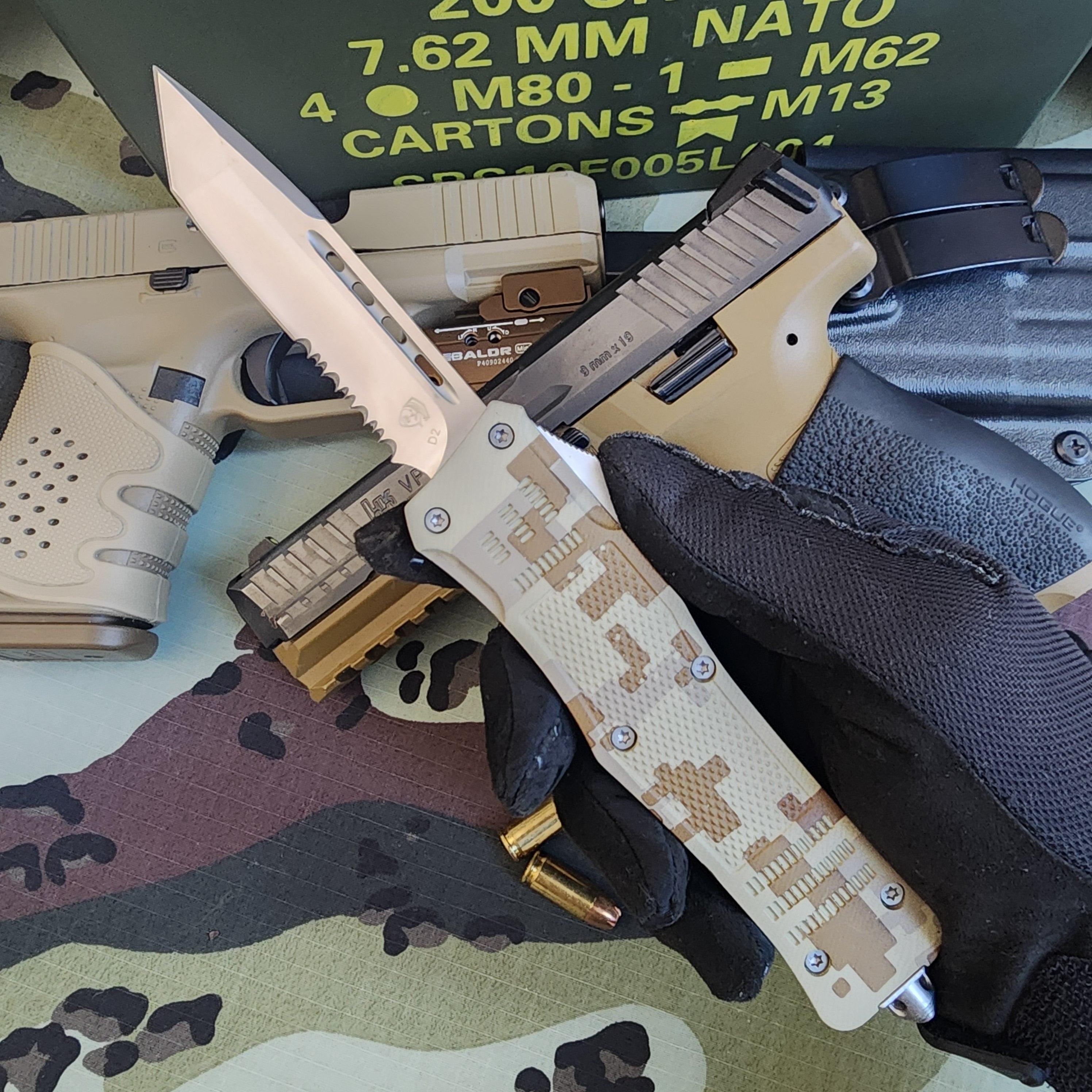 Folding knife with tactical sheath on a camouflage background