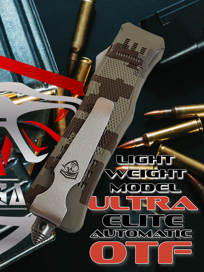 Venom 4TR-E ULTRA OTF knife with satin drop point blade in digital camo, featuring precision cutting and durable design