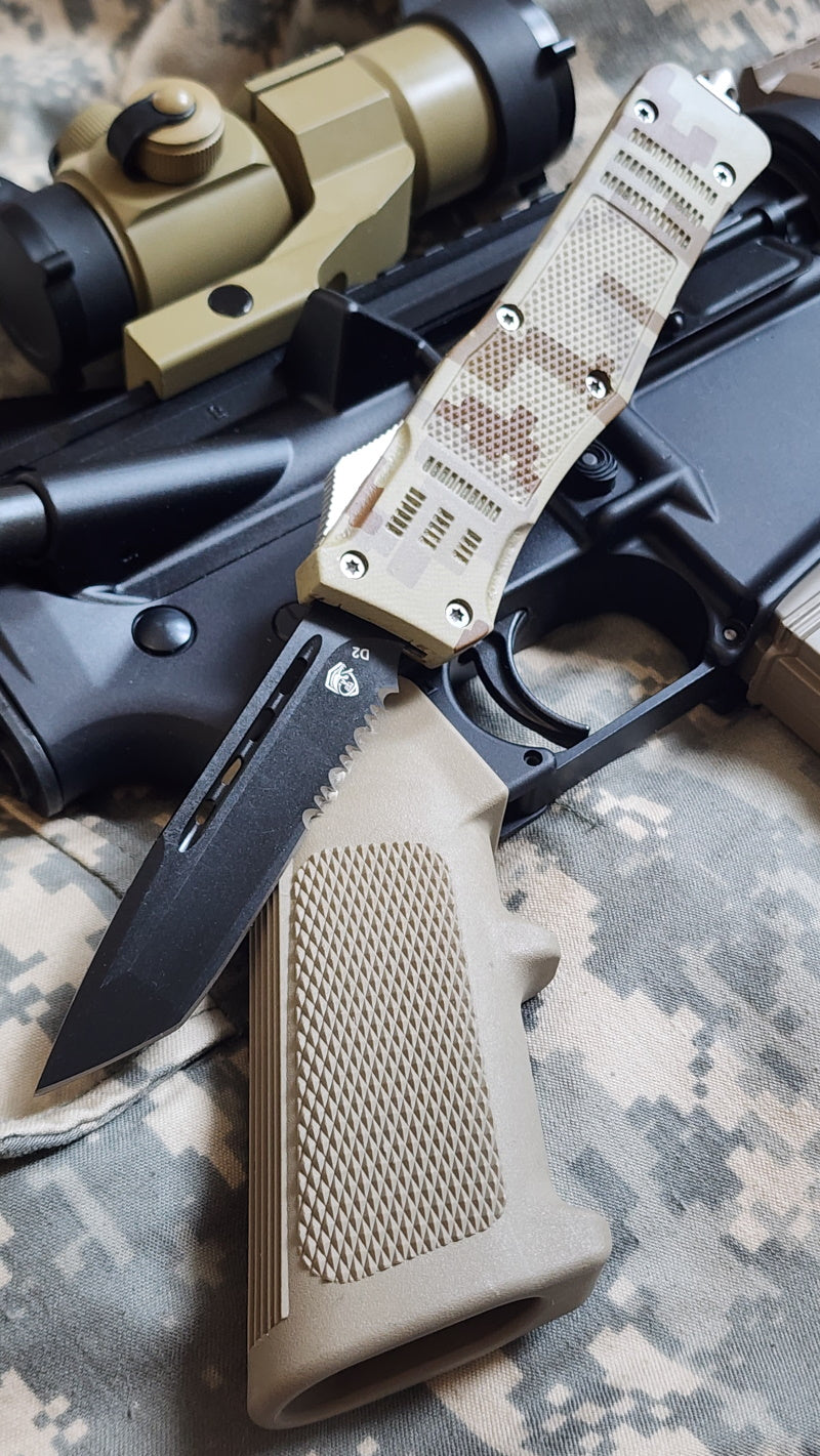 Venom 4TR-E ULTRA OTF Knife with rugged digital camo handle, high-performance tactical automatic blade