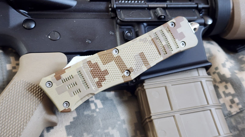 Venom 4TR-E ULTRA OTF Knife with rugged digital camo handle, high-performance tactical automatic blade