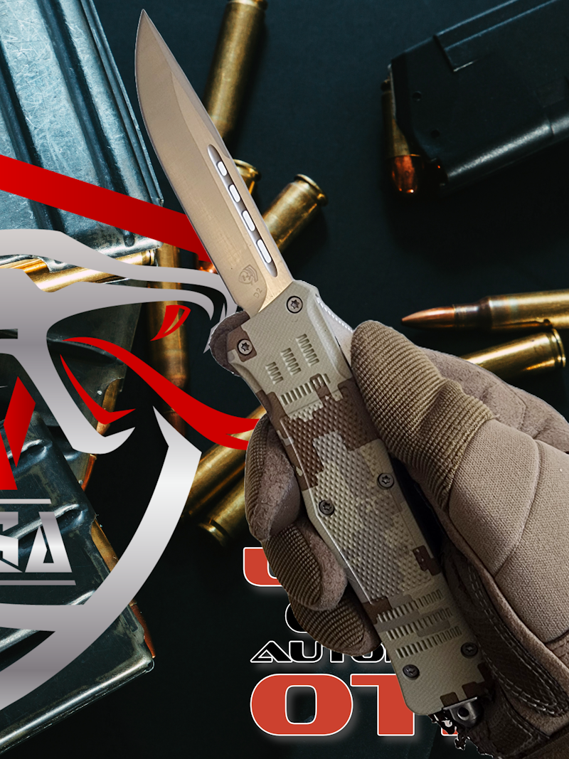 Venom 4TR-E ULTRA OTF Knife with Satin Drop Point 3.4 inch blade in Digital Camo finish, ideal for tactical use