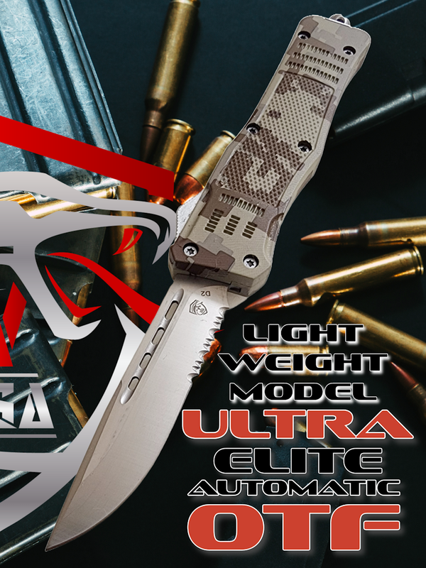 Venom 4TR-E ULTRA OTF knife with satin drop point blade in digital camo, featuring precision cutting and durable design