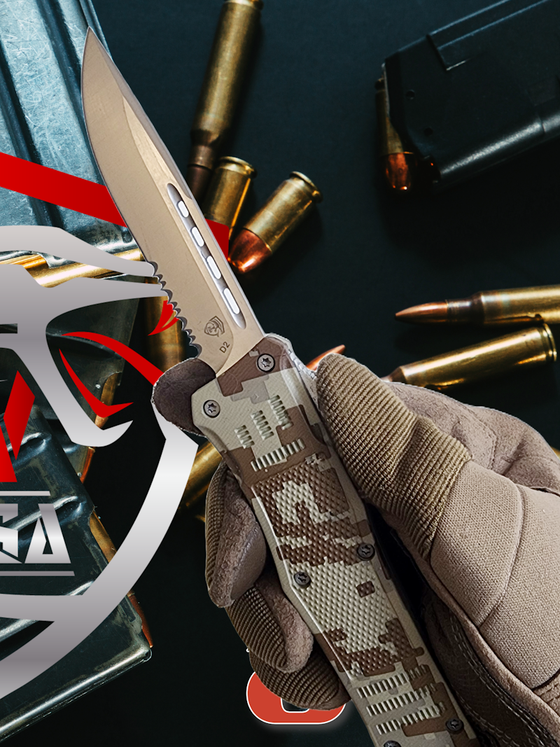 Venom 4TR-E ULTRA OTF knife with satin drop point blade in digital camo, featuring precision cutting and durable design