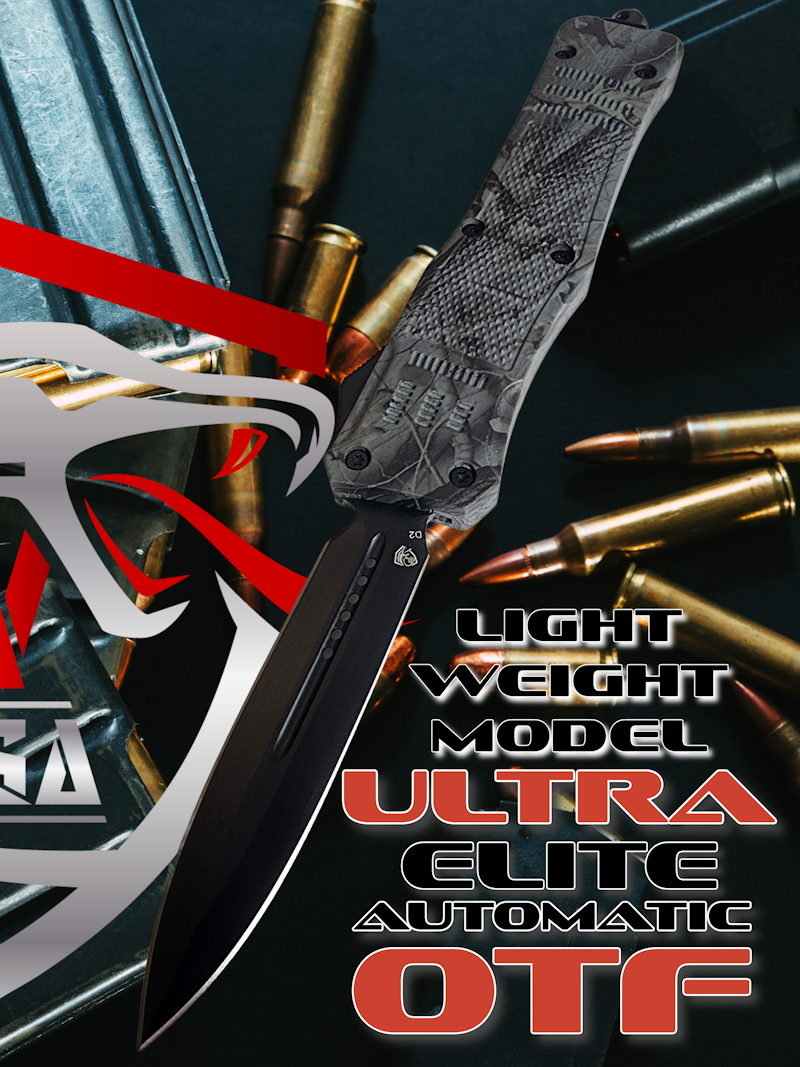 Venom 4TR-E ULTRA OTF Knife in Woodland Camo, black double edge blade, 3.4 inch tactical knife