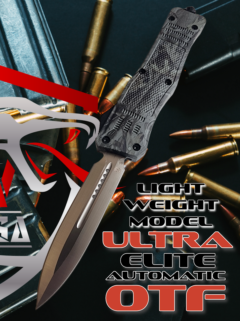 Venom 4TR-E ULTRA OTF knife in woodland camo, satin double edge blade, durable and tactical design